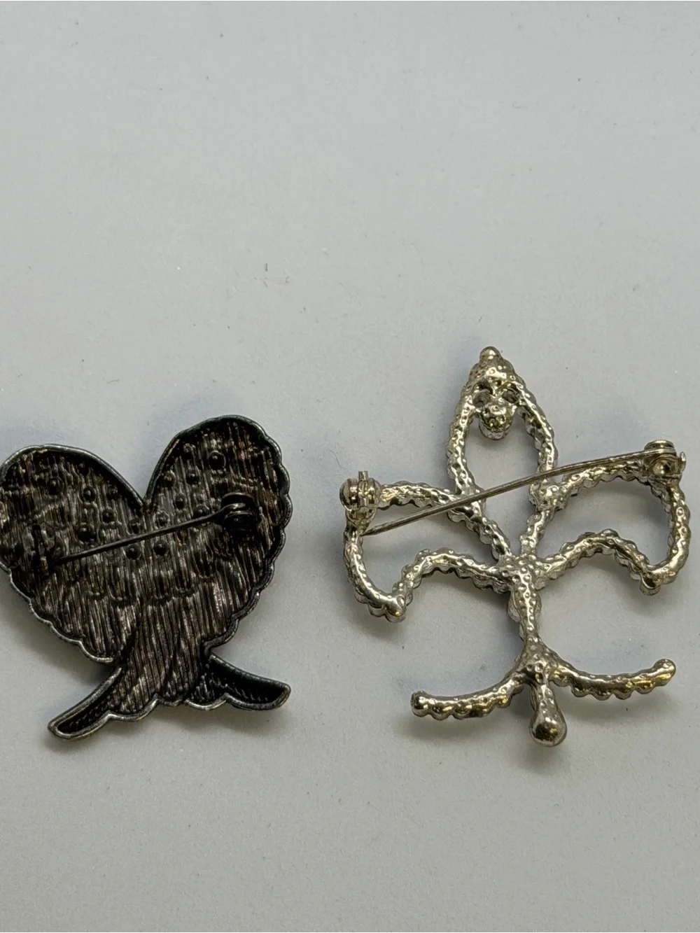Silver-Tone Rhinestone Fleur-de-Lis and Heart Brooch Duo - Silver